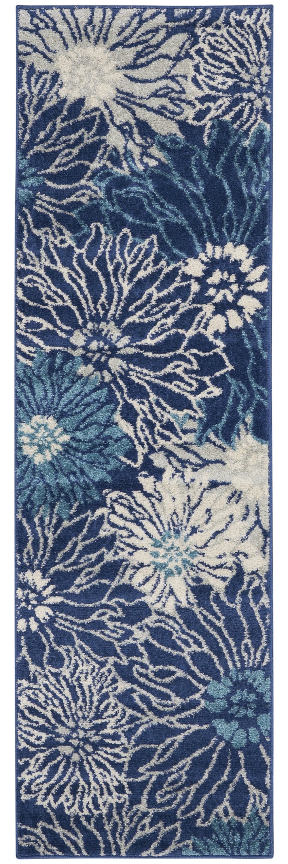 8' Blue And Ivory Round Floral Dhurrie Area Rug