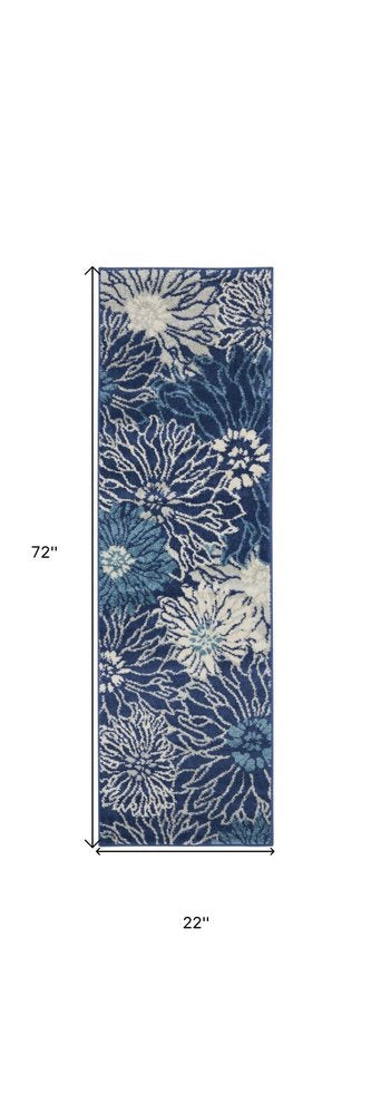 6' Blue And Ivory Floral Runner Rug