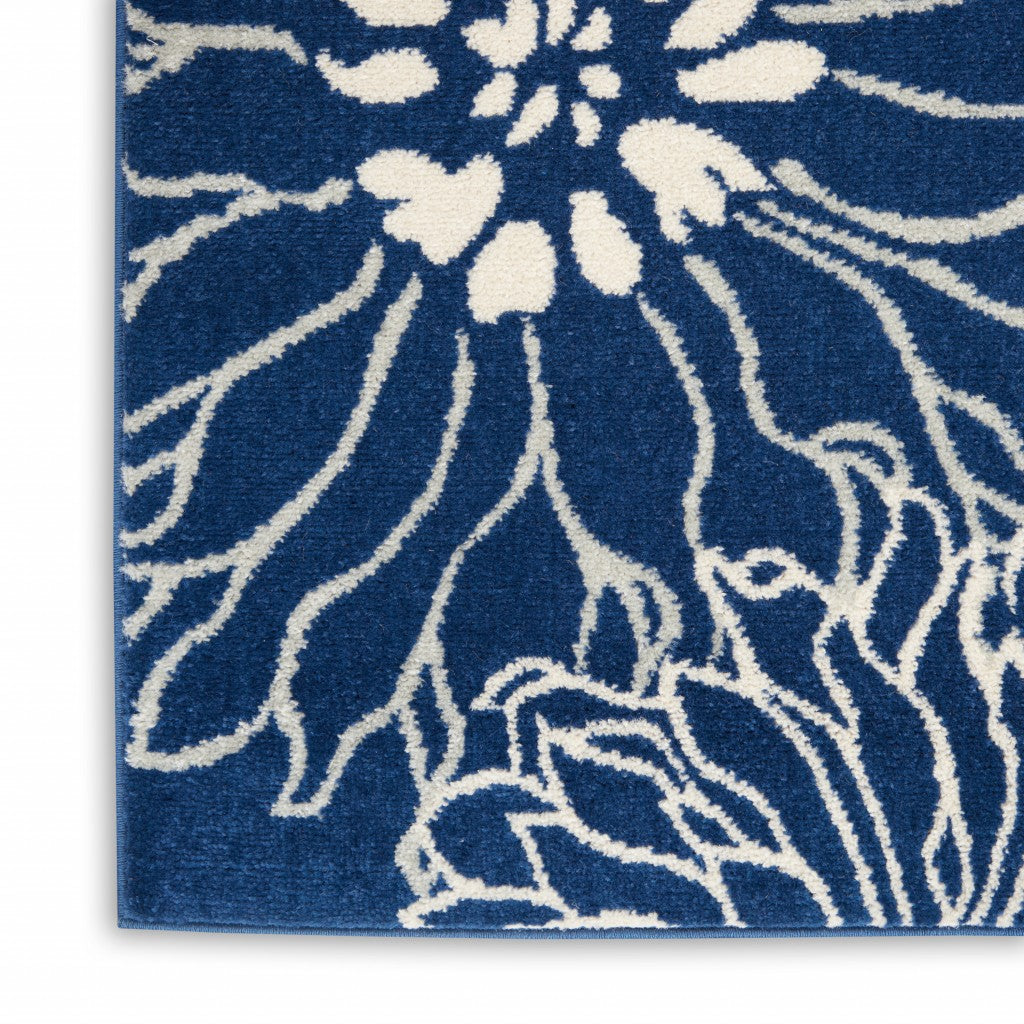 8' Blue And Ivory Round Floral Dhurrie Area Rug