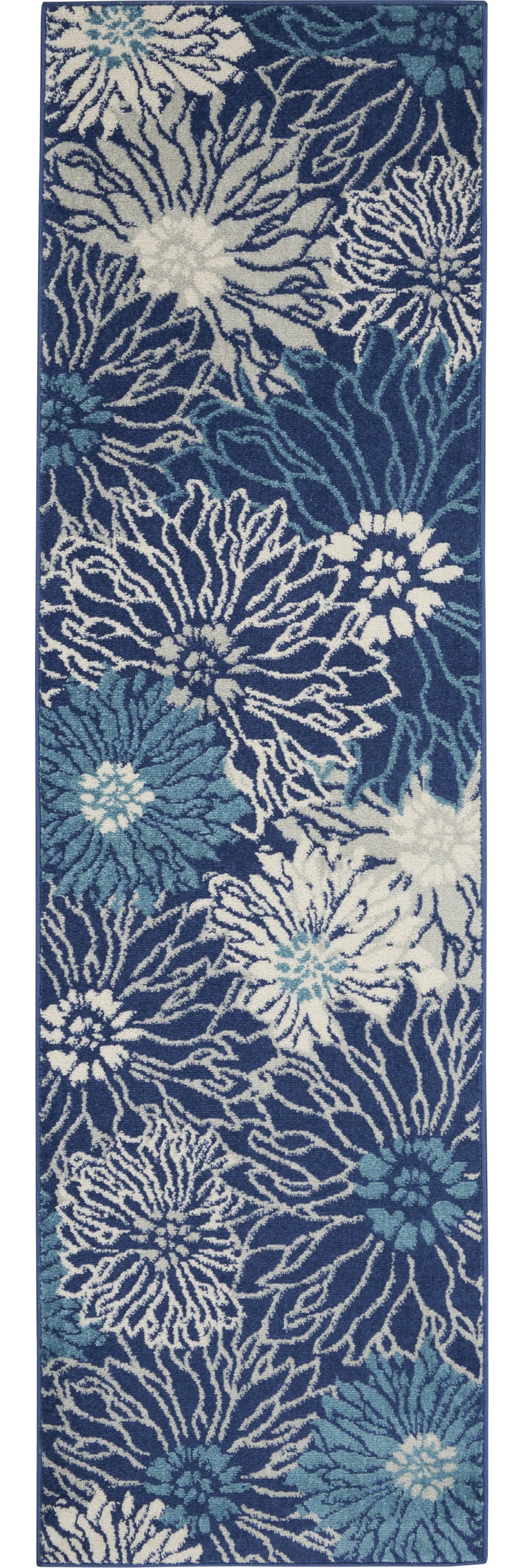 8' Blue And Ivory Round Floral Dhurrie Area Rug