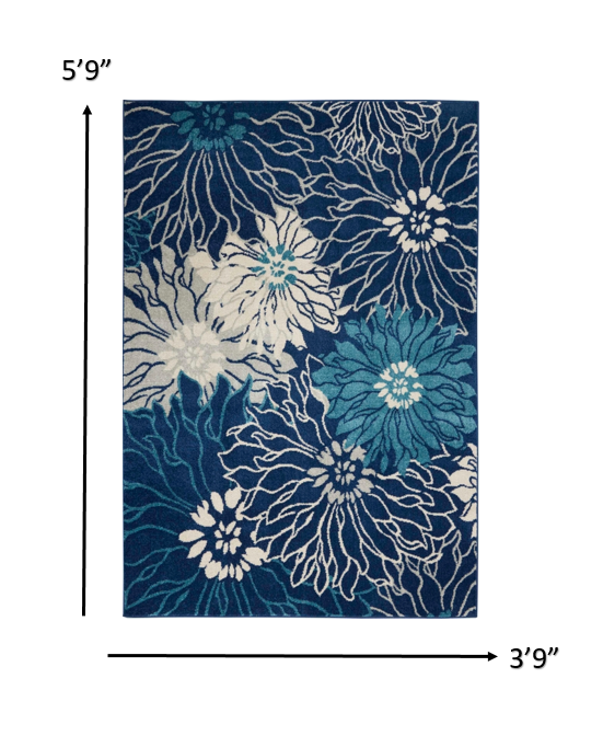 4' X 6' Blue And Ivory Floral Power Loom Area Rug