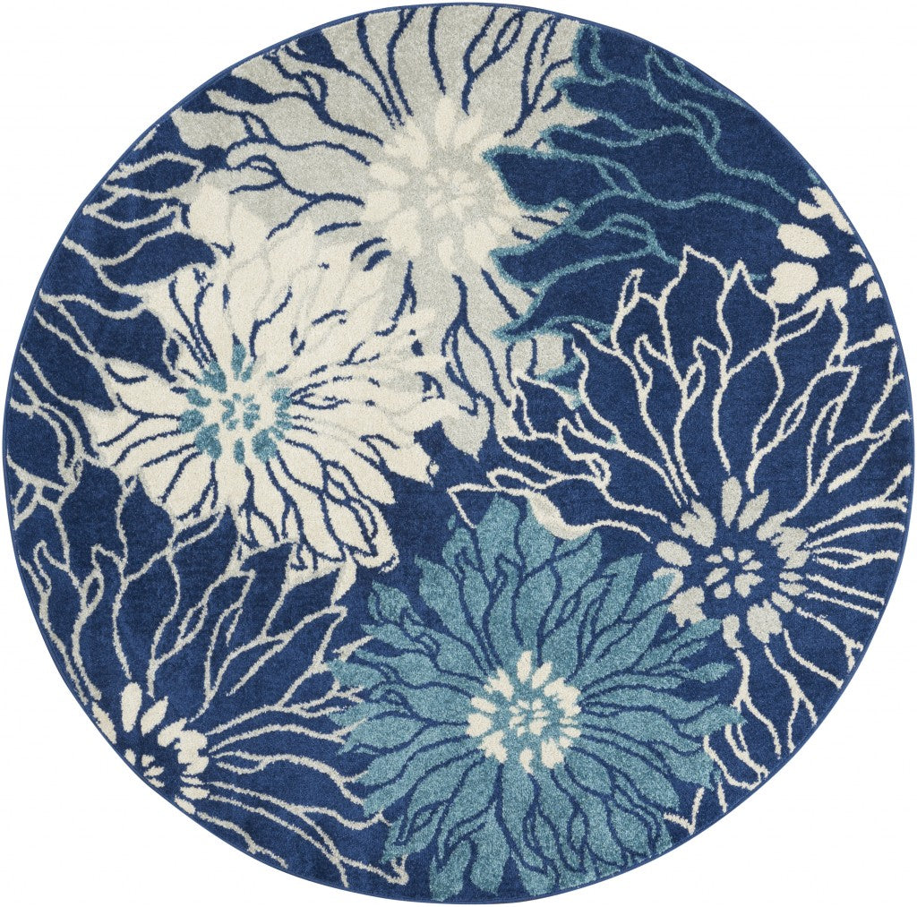 4' Blue And Ivory Round Floral Dhurrie Area Rug