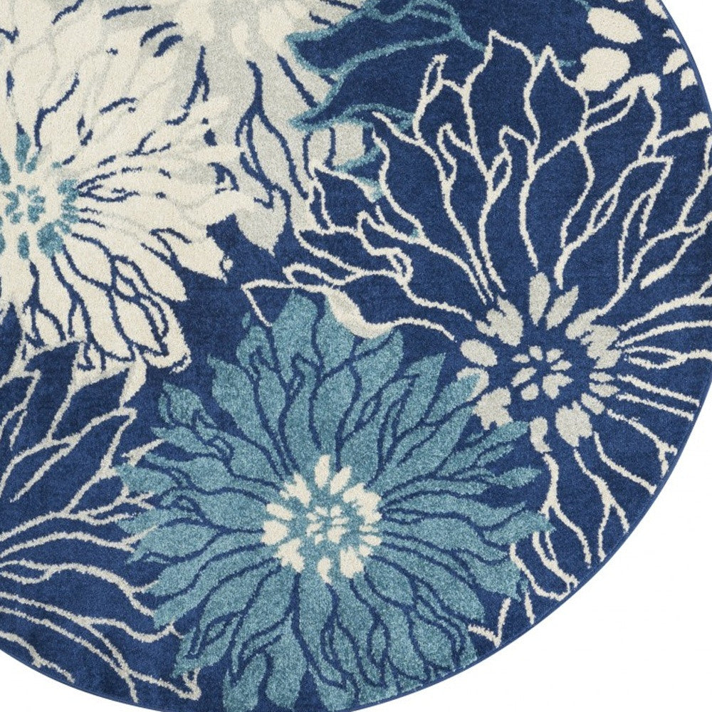 4' Blue And Ivory Round Floral Dhurrie Area Rug