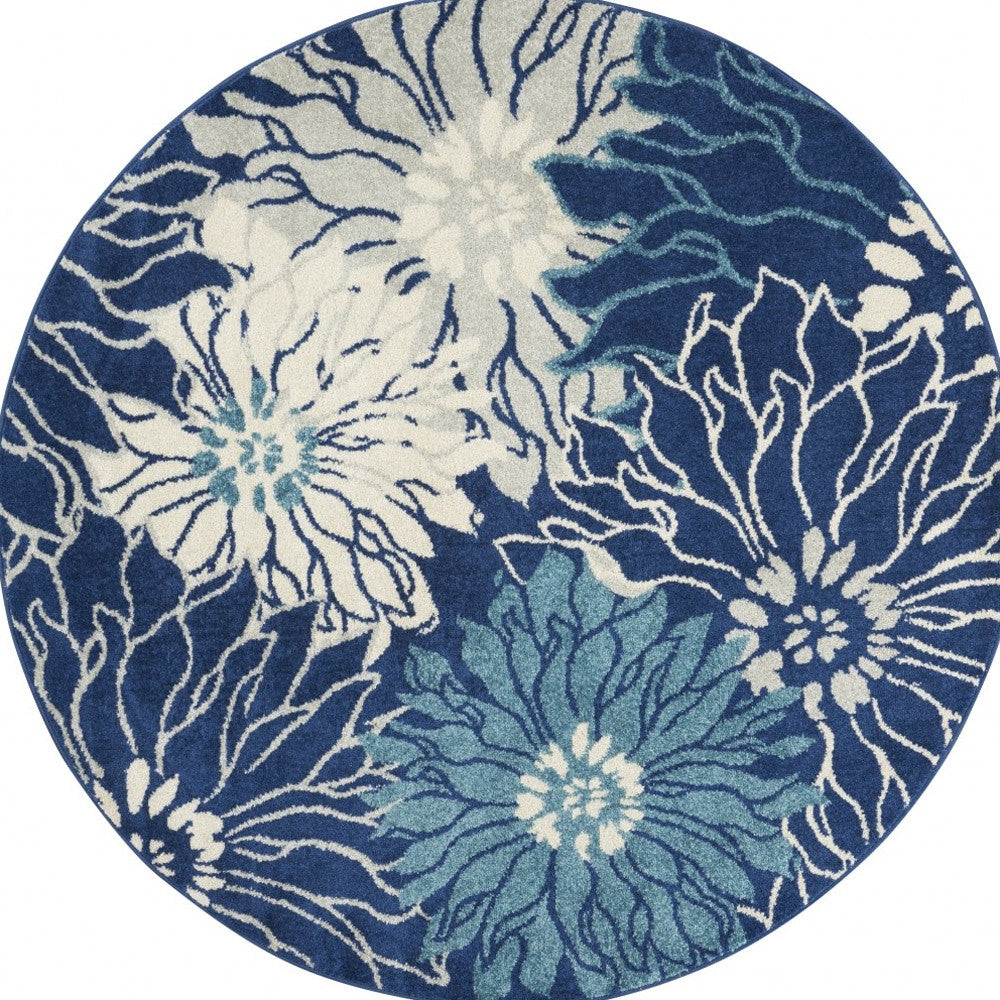 4' Blue And Ivory Round Floral Dhurrie Area Rug