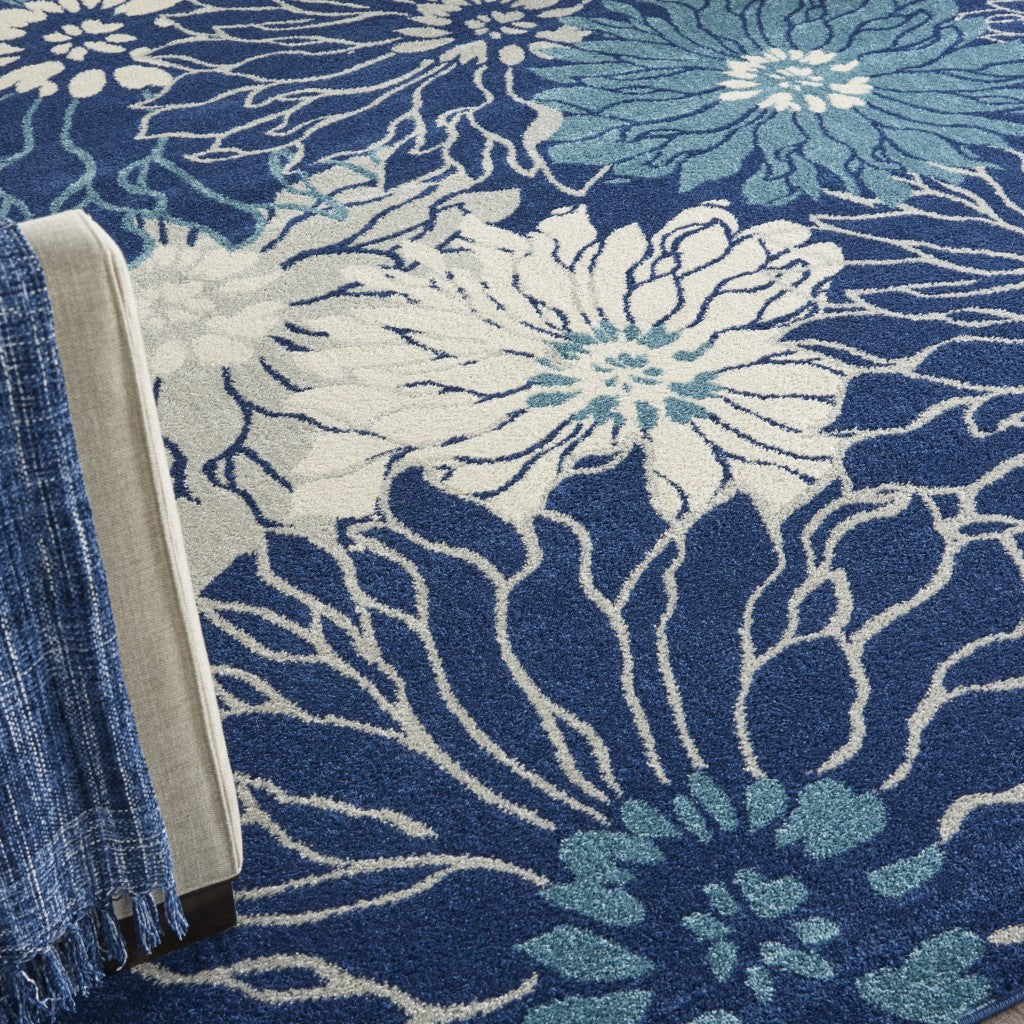 4' Blue And Ivory Round Floral Dhurrie Area Rug