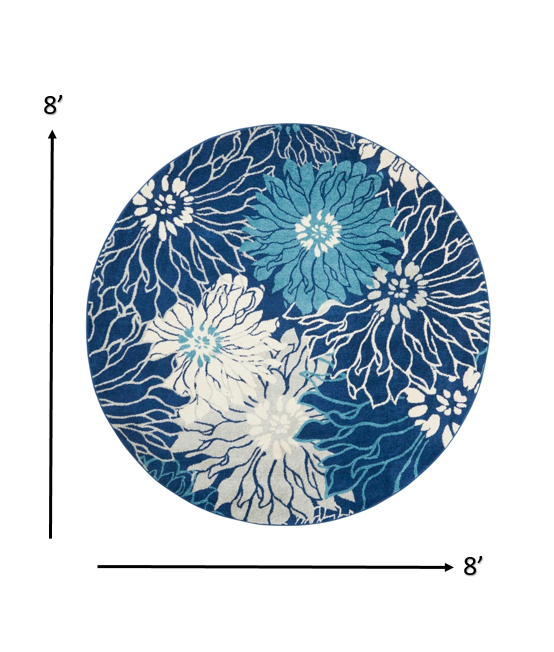 4' Blue And Ivory Round Floral Dhurrie Area Rug