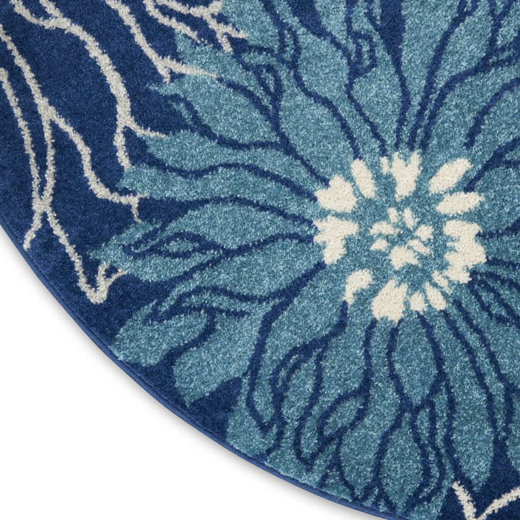 4' Blue And Ivory Round Floral Dhurrie Area Rug