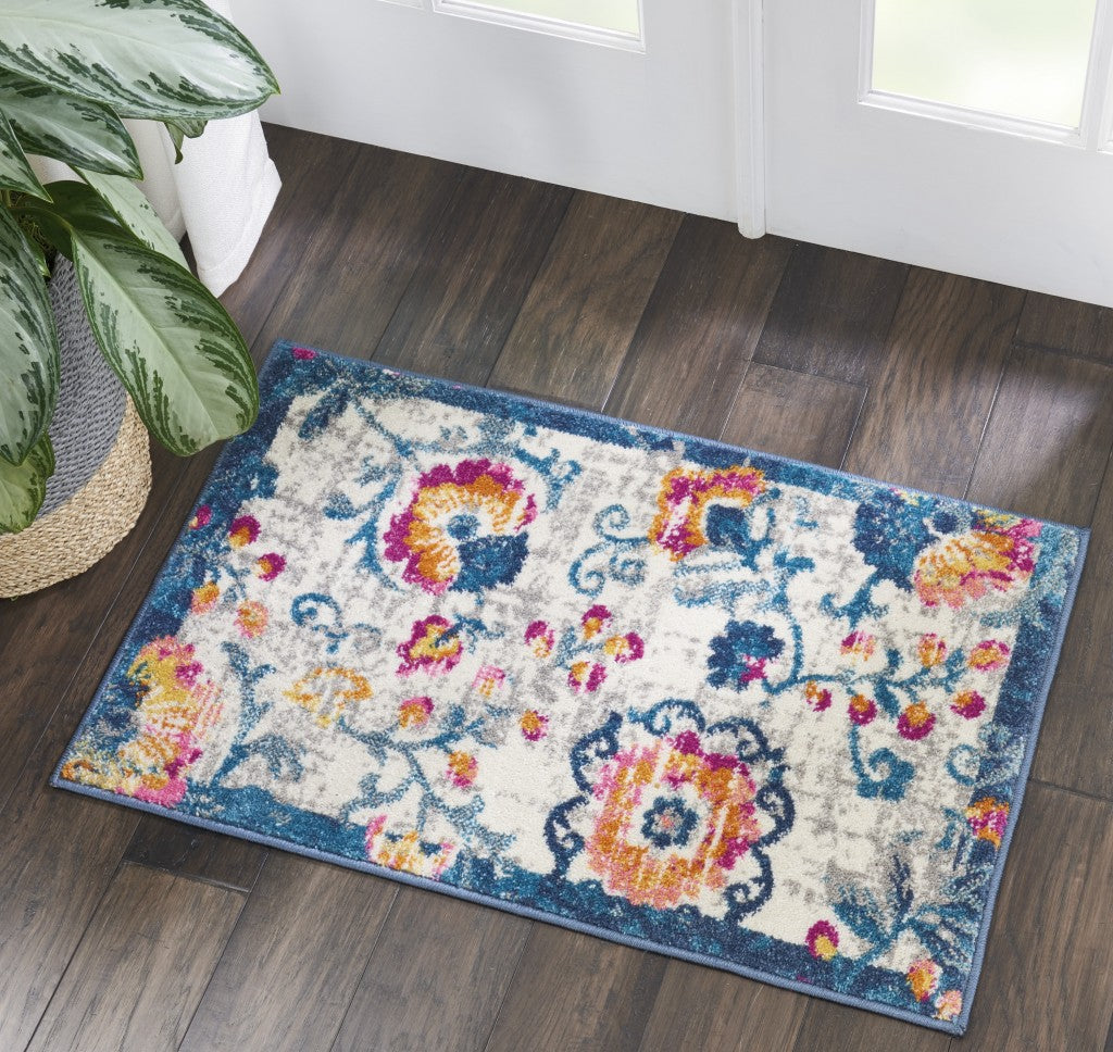 8' Ivory Floral Dhurrie Runner Rug