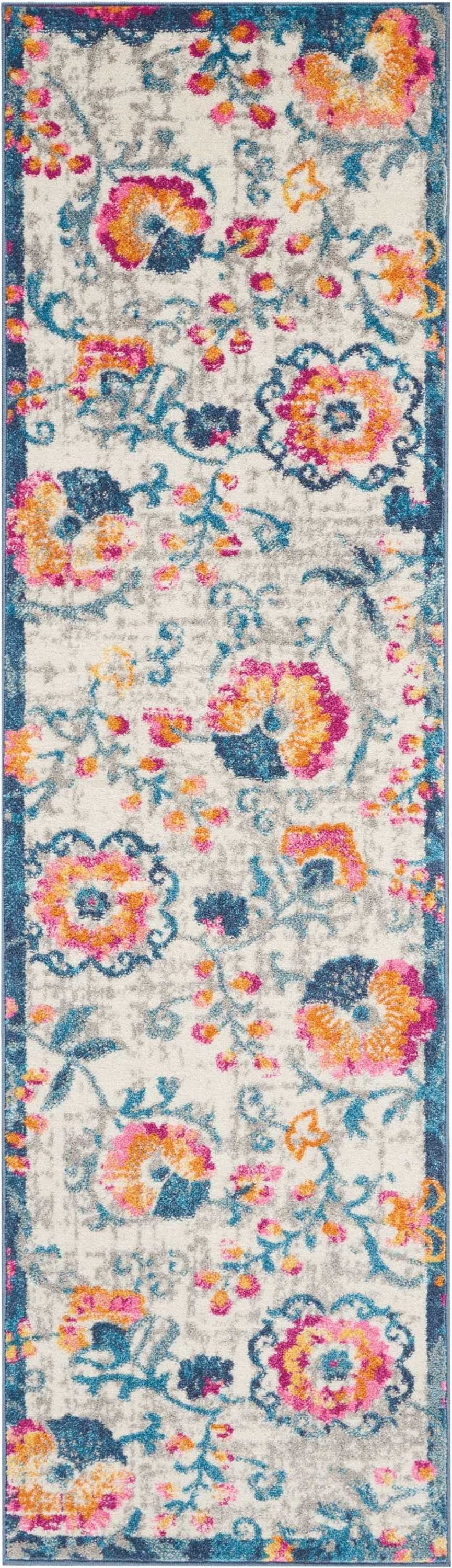 8' Ivory Floral Dhurrie Runner Rug