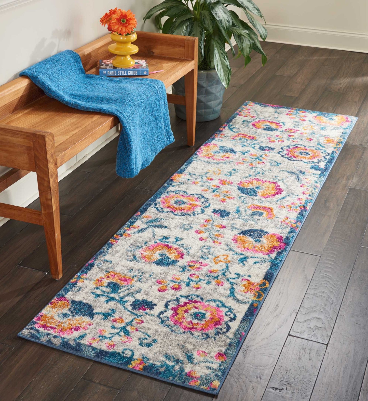 8' Ivory Floral Dhurrie Runner Rug