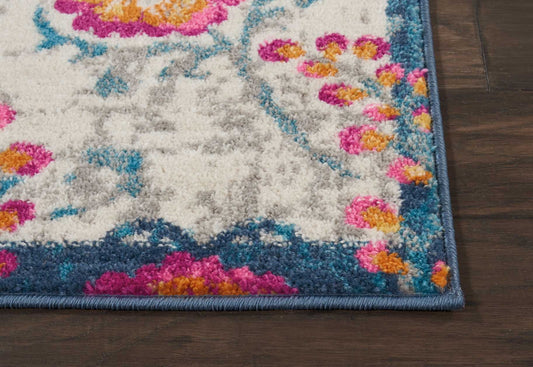 2' X 6' Ivory And Blue Floral Vines Runner Rug