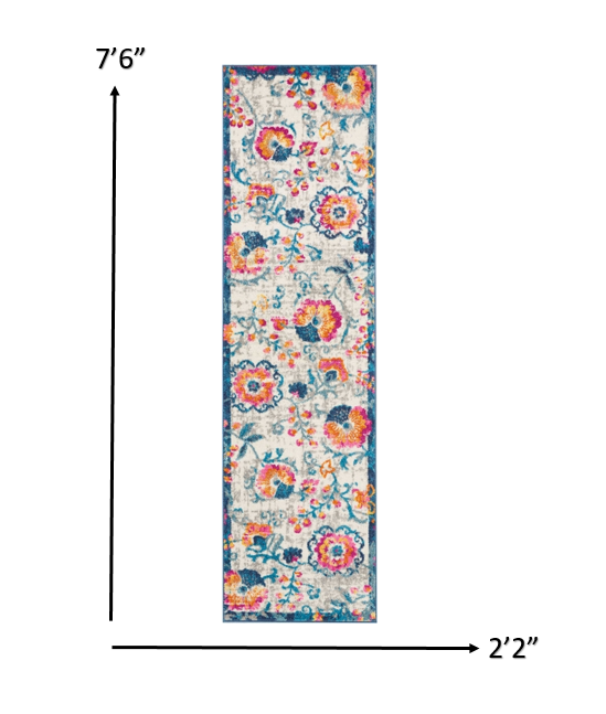 8' Ivory Floral Dhurrie Runner Rug