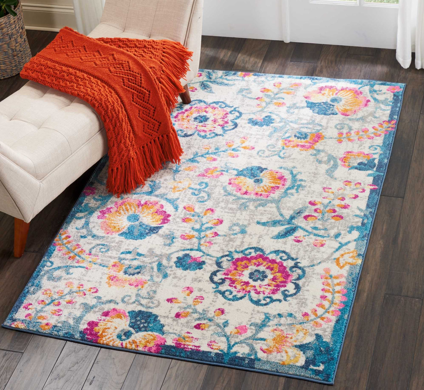 8' Ivory Floral Dhurrie Runner Rug