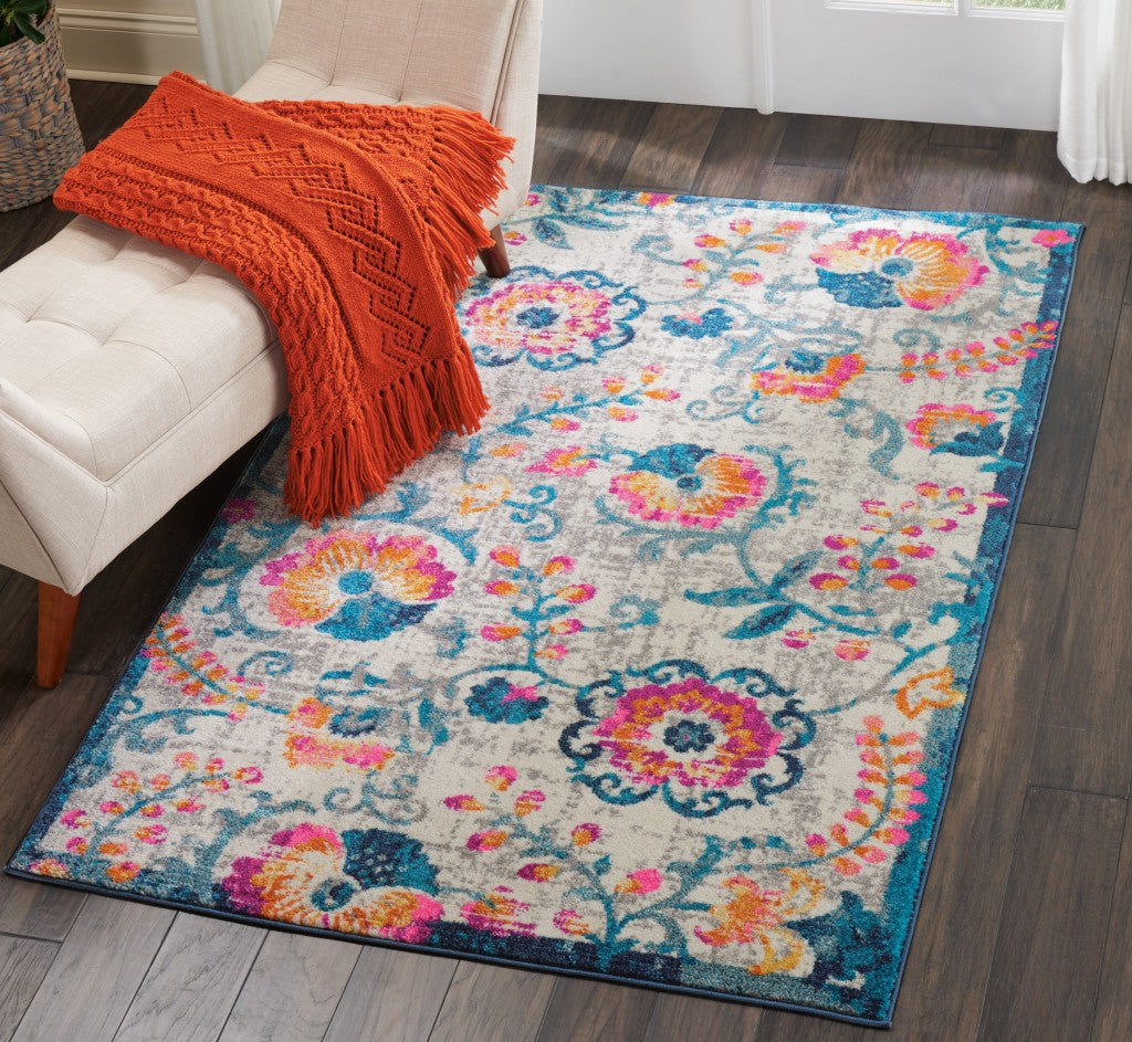 8' Ivory Floral Dhurrie Runner Rug