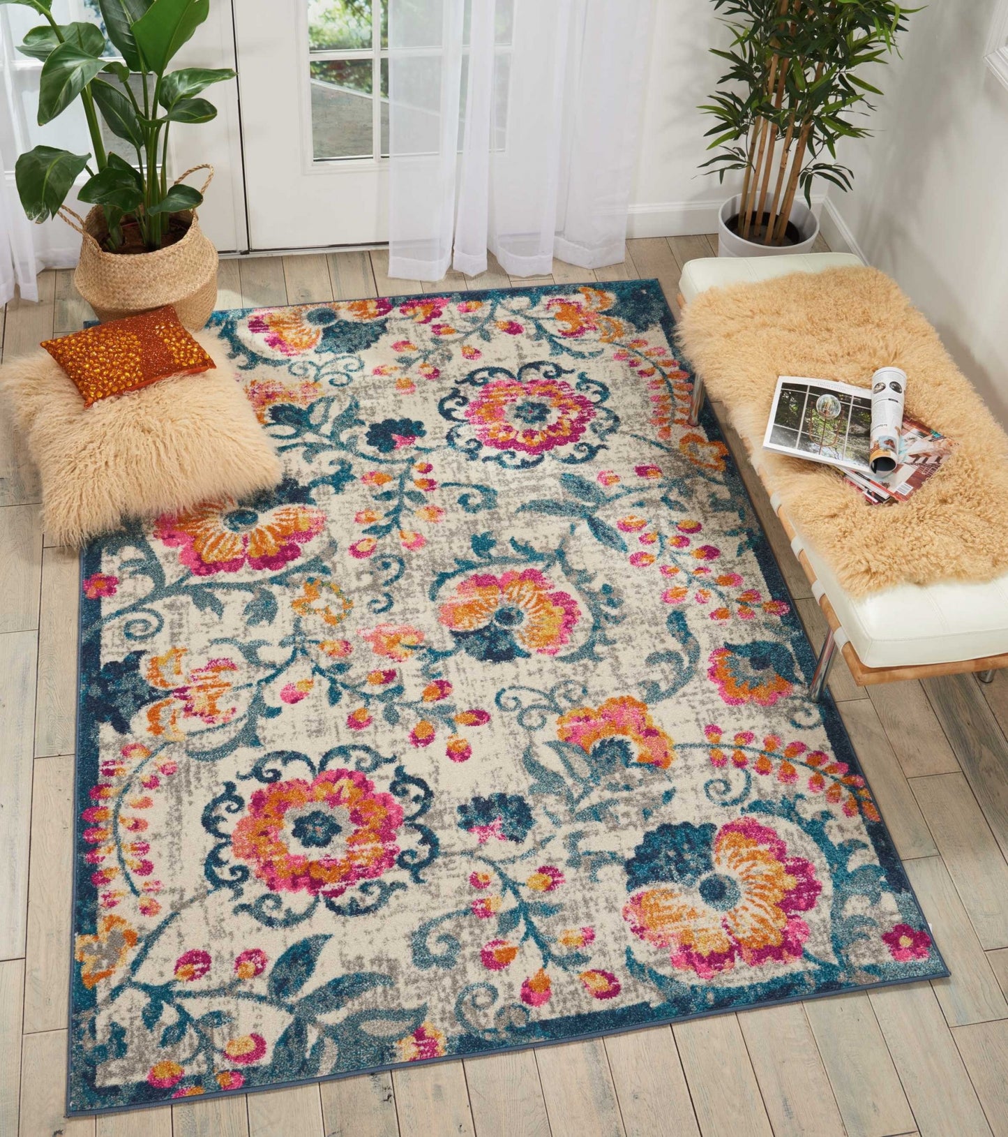 8' Ivory Floral Dhurrie Runner Rug