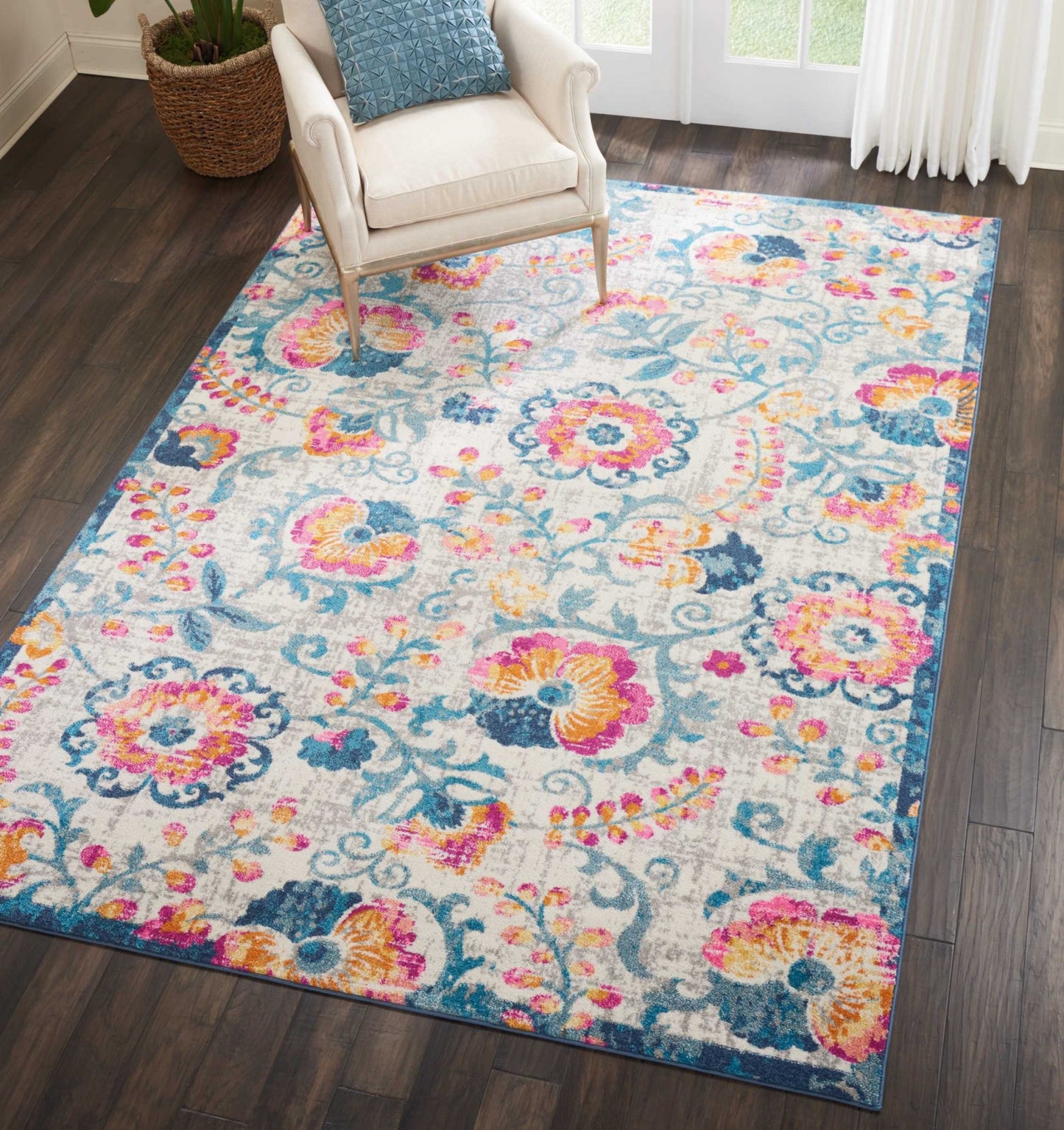 8' Ivory Floral Dhurrie Runner Rug