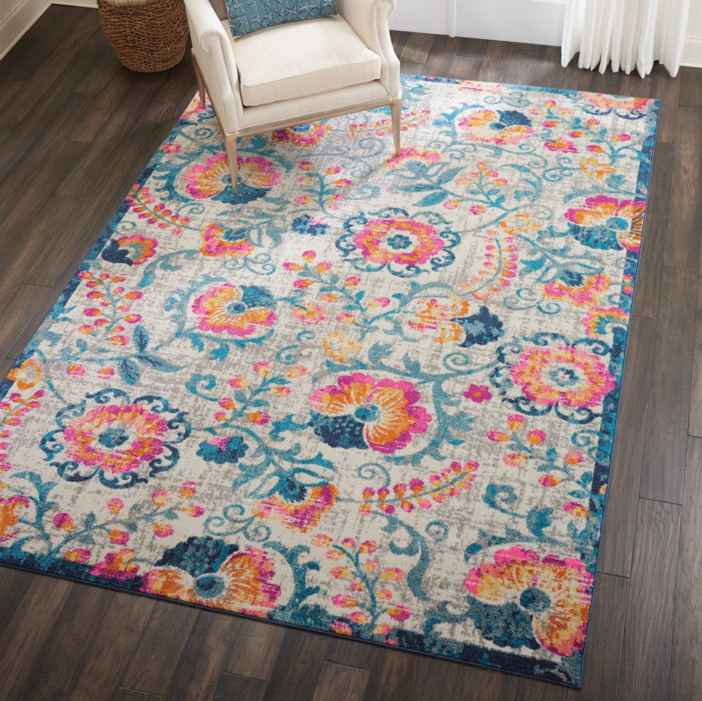 8' Ivory Floral Dhurrie Runner Rug