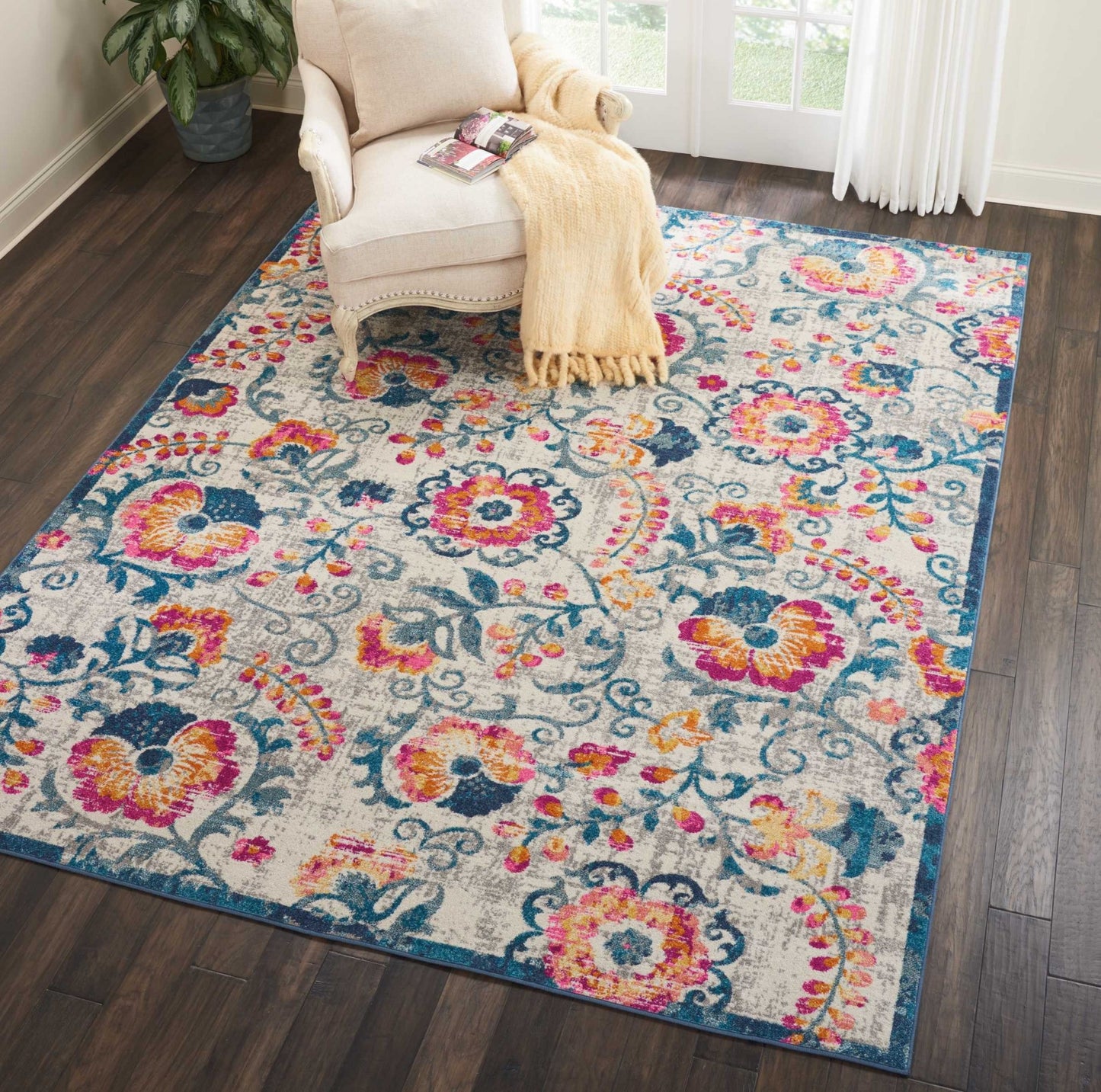 8' Ivory Floral Dhurrie Runner Rug