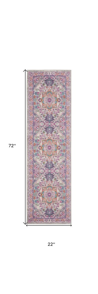 8' Light Gray And Pink Medallion Runner Rug