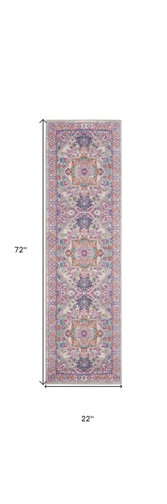 10' Light Gray And Pink Medallion Runner Rug