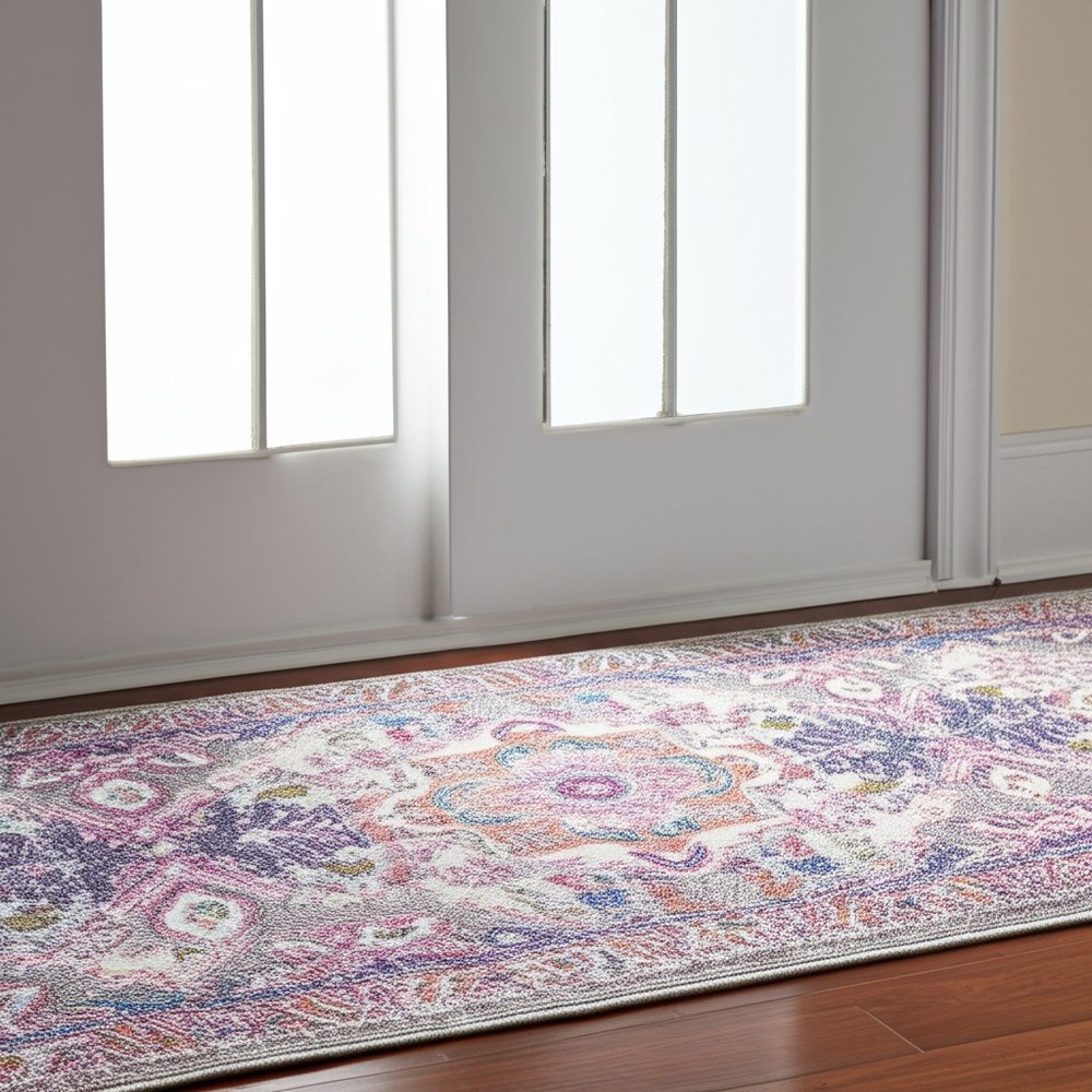8' Light Gray And Pink Medallion Runner Rug