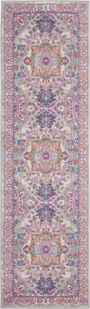 8' Light Gray And Pink Medallion Runner Rug