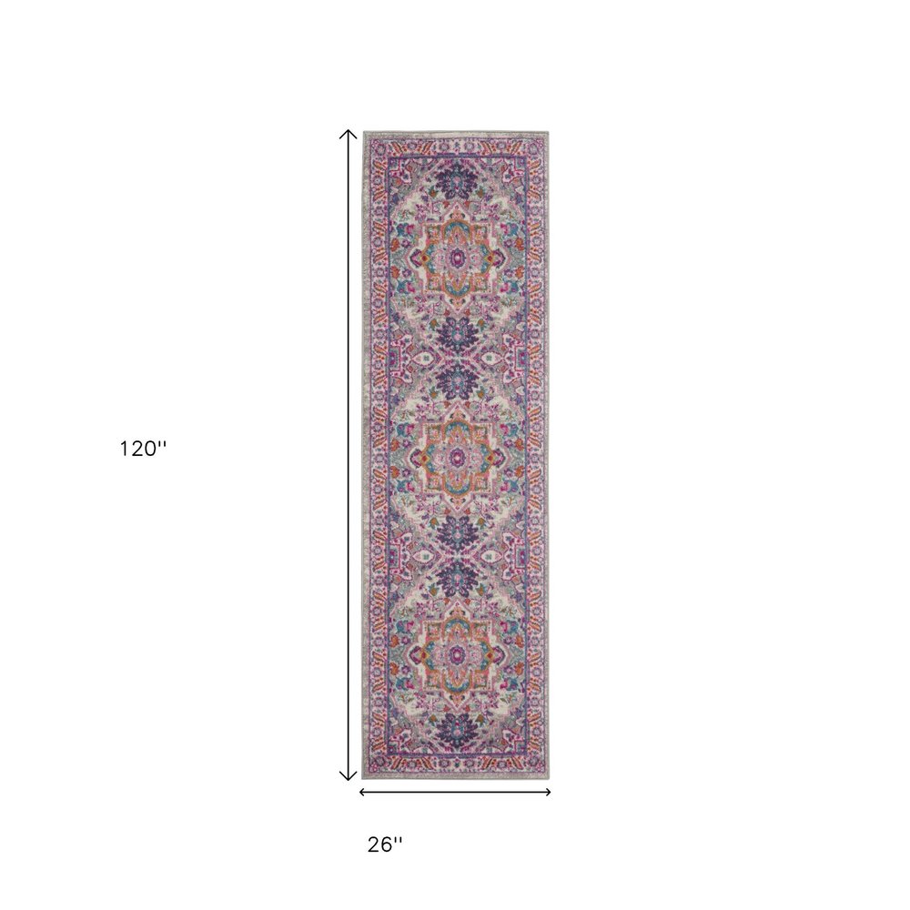 10' Light Gray And Pink Medallion Runner Rug
