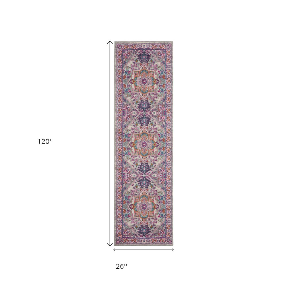 8' Light Gray And Pink Medallion Runner Rug