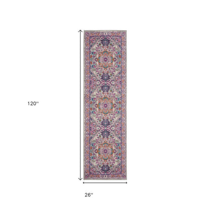 8' Light Gray And Pink Medallion Runner Rug