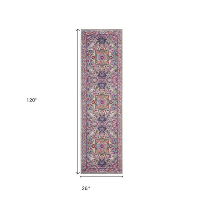 10' Light Gray And Pink Medallion Runner Rug