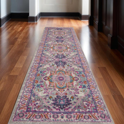 8' Light Gray And Pink Medallion Runner Rug