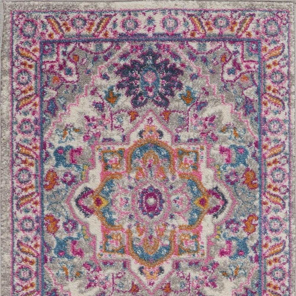 10' Light Gray And Pink Medallion Runner Rug