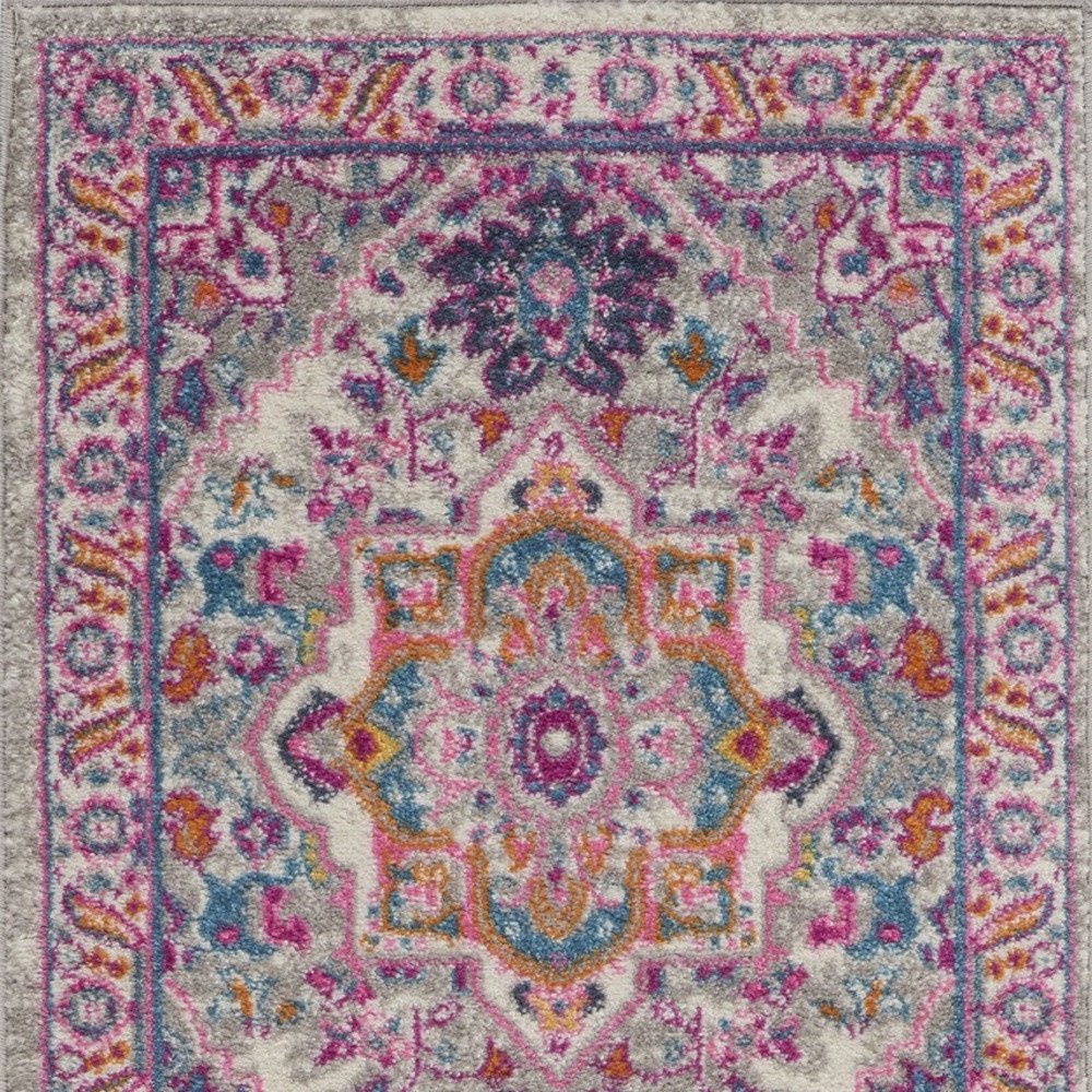 8' Light Gray And Pink Medallion Runner Rug