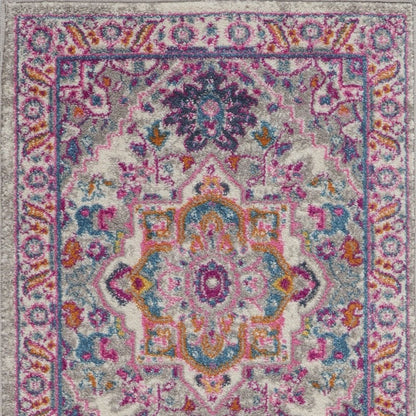 10' Light Gray And Pink Medallion Runner Rug