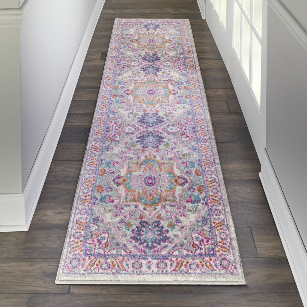 6' Pink And Gray Power Loom Runner Rug
