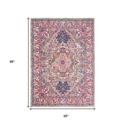 4' X 6' Light Gray And Pink Medallion Area Rug