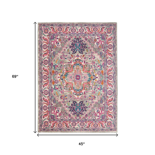 7' X 10' Light Gray And Pink Medallion Area Rug
