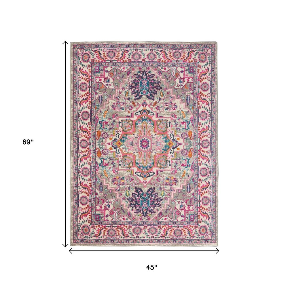 4' X 6' Light Gray And Pink Medallion Area Rug
