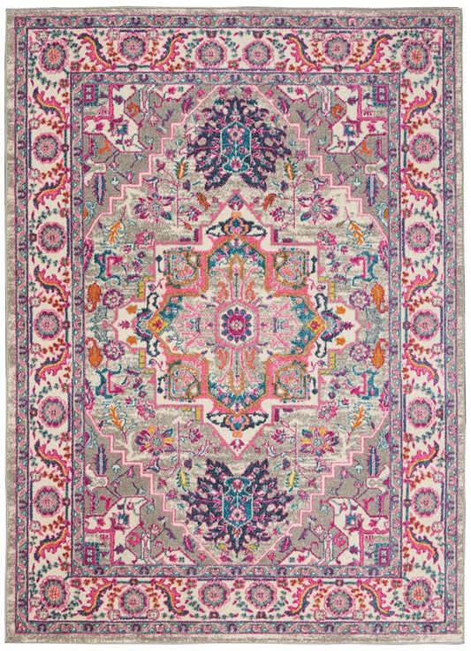 4' X 6' Light Gray And Pink Medallion Area Rug