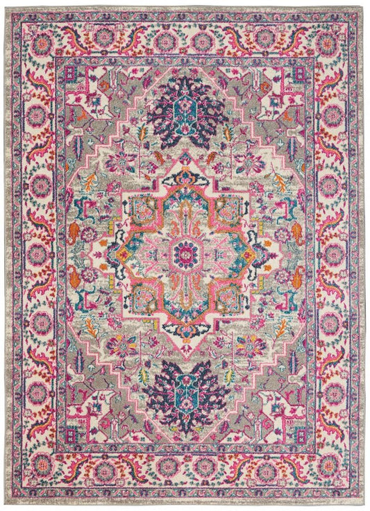 7' X 10' Light Gray And Pink Medallion Area Rug