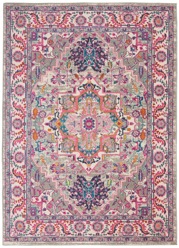 7' X 10' Light Gray And Pink Medallion Area Rug