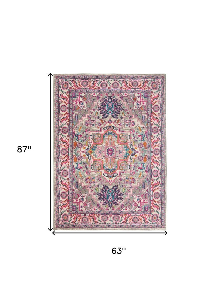4' X 6' Light Gray And Pink Medallion Area Rug