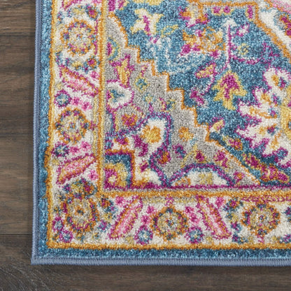 8' Teal And Ivory Medallion Distressed Runner Rug