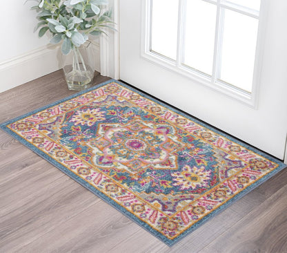 8' Teal And Ivory Medallion Distressed Runner Rug