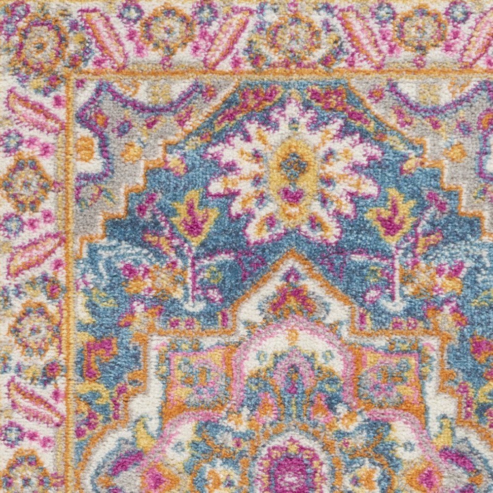 8' Teal And Ivory Medallion Distressed Runner Rug