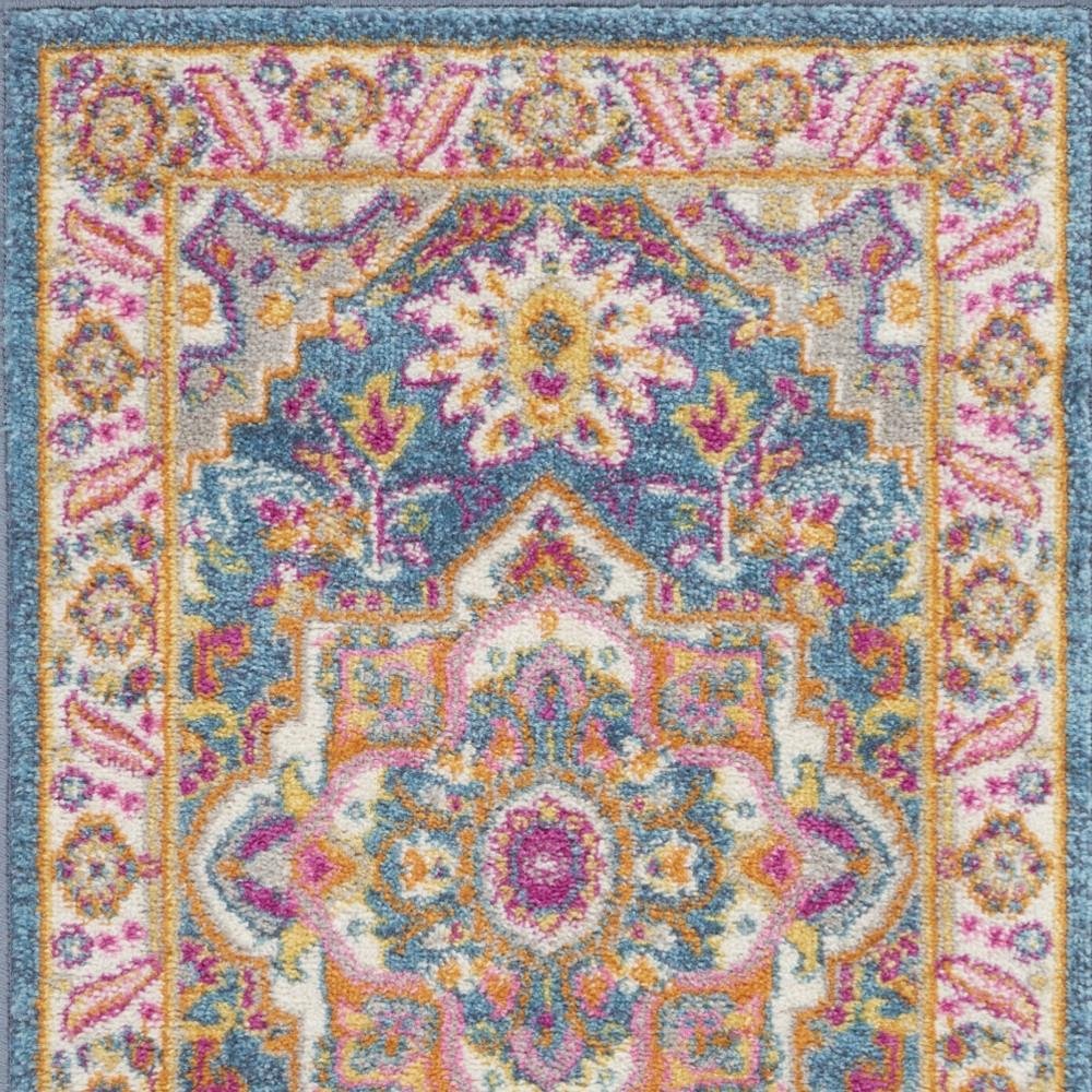 6' Teal And Ivory Medallion Distressed Runner Rug
