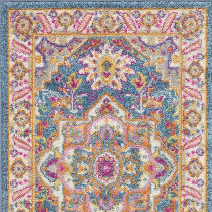 8' Teal And Ivory Medallion Distressed Runner Rug