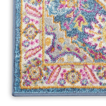 8' Teal And Ivory Medallion Distressed Runner Rug