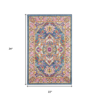 8' Teal And Ivory Medallion Distressed Runner Rug