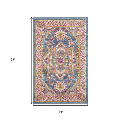 2' X 3' Teal And Ivory Medallion Distressed Area Rug
